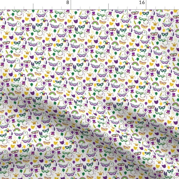 Mardi Gras Celebration Fabric - White Carnival Motifs By Charlottewint - White Purple Green Mask Cotton Fabric By The Yard With Spoonflower