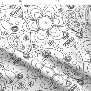 Line Art Floral Fabric - Black And White by tasha_goddard_designs - Colour In Black And White Flower Fabric by the Yard by Spoonflower