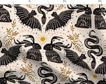 May include: A seamless pattern featuring black silhouettes of bats, deer, snakes, and floral elements on a cream background. The pattern is filled with intricate details and a whimsical, folk art style.