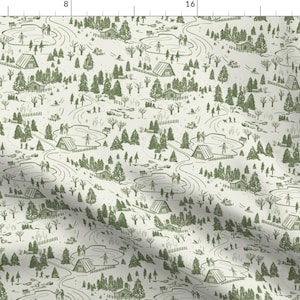 Winter Toile Fabric - Fun In The Winter by jenflorentine - Small Scale Dark Olive Green Traditional  Fabric by the Yard by Spoonflower