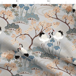 Japanese Garden In Gray Fabric - Gueth Japanese Garden Gray By Juditgueth - Japanese Garden Crane Cotton Fabric By The Yard With Spoonflower