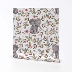 Elephant Wallpaper -  Baby Elephant Flowers By Shopcabin - Elephant Custom Printed Removable Self Adhesive Wallpaper Roll by Spoonflower