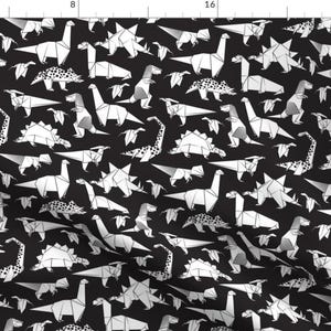 Black and White Origami Dinosaurs Fabric - Origami Dino Friends // Small Scale // Black Background Black White Dinosaurs By Selmacardoso
