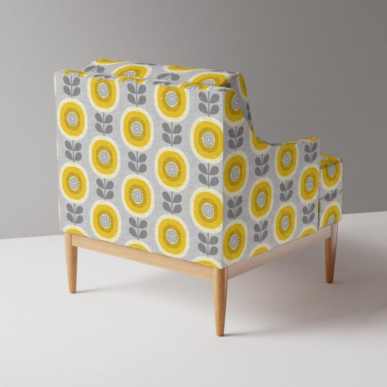 Mid Century Geblümter Polsterstoff - Midcentury Sonnenblumen von ottomanbrim - Skandinavischer Grau Gelber Stoff Schüttgut mit Löffelblume Bild 6