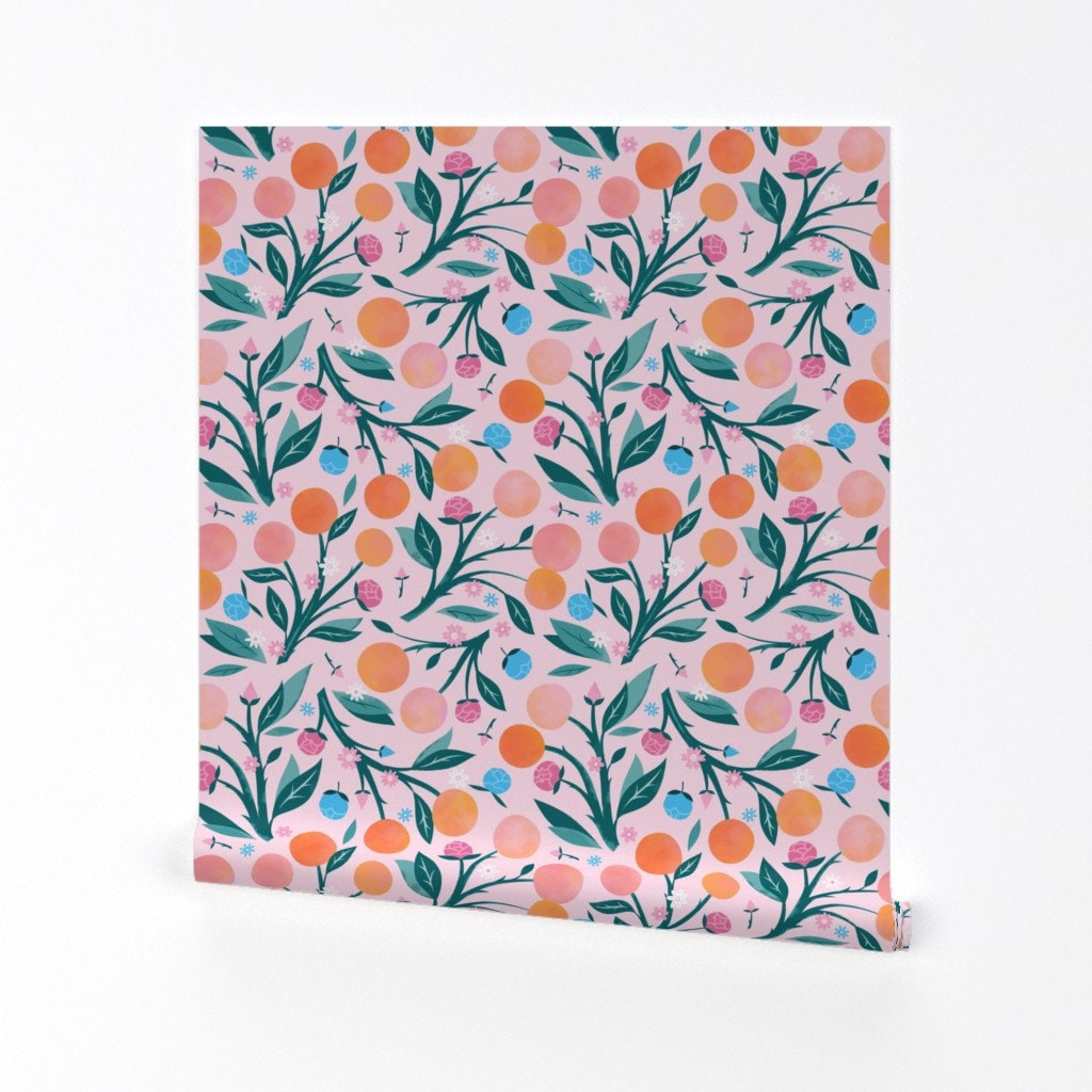 Pink Citrus Floral Wallpaper Peaches and Peony Buds by Carlywatts Bright  Pastel Removable Peel and Stick Wallpaper by Spoonflower 