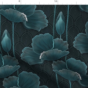 Art Deco Poppies Fabric - Art Deco Poppies Teal By J9design - Dark teal moody florals Cotton Fabric By The Yard With Spoonflower
