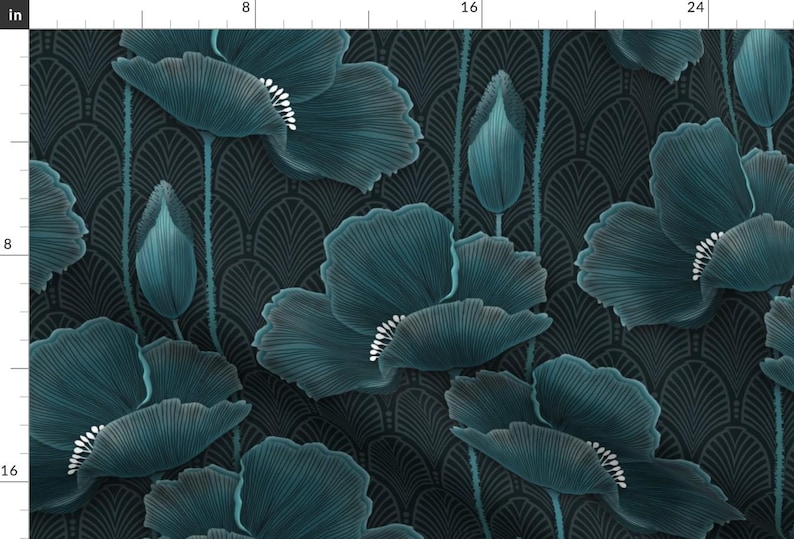 Art Deco Poppies Fabric - Art Deco Poppies Teal By J9design - Dark teal moody florals Cotton Fabric By The Yard With Spoonflower