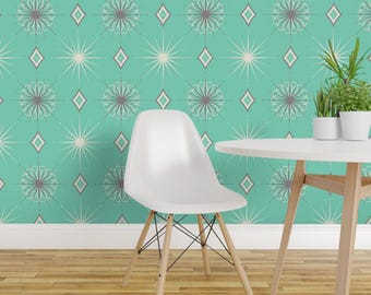 Mid Century Modern Peel and Stick Wallpaper - Retro Inspired Atomic Era  - Removable Wall Decor Art - Starburst Aqua by curiouslondon