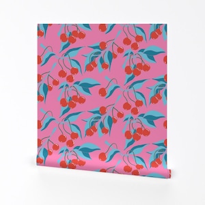 Bold Fruit Removable Peel and Stick Wallpaper - Modern Cherries Pink - Wall Art Wall Decor - Cherries Teal Branches by katieclairedesigns