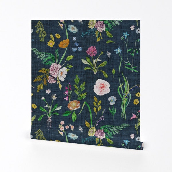 Papier peint floral foncé - Jane Navy Jumbo par Nouveau Boho - Rouleau de papier peint auto-adhésif amovible imprimé personnalisé Boho par Spoonflower