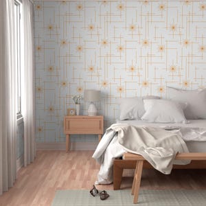 Mid Century Peel and Stick Wallpaper - Atomic Starbursts White Orange ...