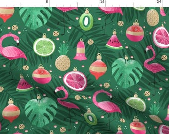 Tropical Green Leaves Fabric - Tropical Flamingo Christmas Ornaments By Marketa Stengl - Tropical Cotton Fabric By The Yard With Spoonflower