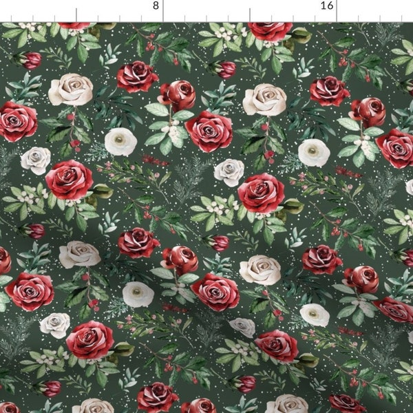 Christmas Fabric - Snowy Christmas Florals by Hipkiddesigns -  Green Red White Holiday Winter Cotton Fabric By The Yard With Spoonflower