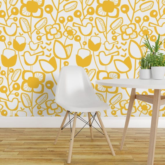Scandi Wallpaper - Jumbo Scandinavian Garden By Mariana Valladares - Yellow Flowers Removable Self Adhesive Wallpaper Roll by Spoonflower