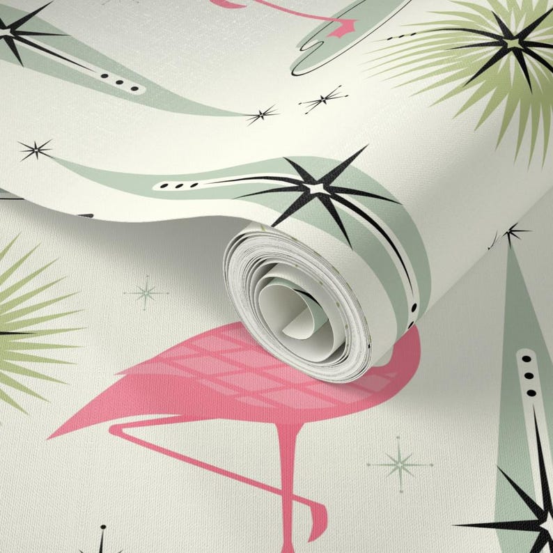 Pink Flamingos Wallpaper - Atomic Flamingo Von Studioxtine - Retro Individuell bedruckte, entfernbare selbstklebende Tapetenrolle von Spoonflower Bild 3