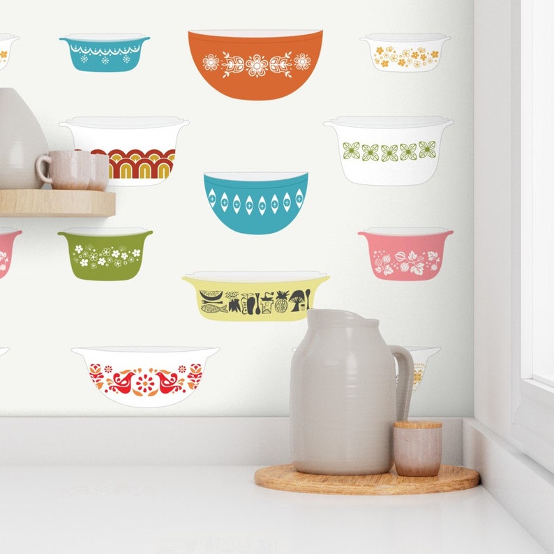 Retro Wallpaper - Vintage Dishes by calobeedoodles - Kitchen Dishes Cooking Baking Mcm Removable Peel and Stick Wallpaper by Spoonflower image 1