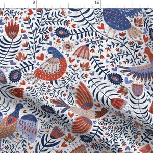 Swedish Folk Art Birds Fabric - Swedish Folk Art Birds On White By Rebecca Reck Art - Scandinavian Birds Flowers Fabric With Spoonflower