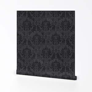 Gothic Damask Removable Peel and Stick Wallpaper - Moody Victorian Gray Black Dramatic - Wall Art Wall Decor - Damask Noir by whatever-works