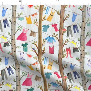 Whimsical Fabric - Conversational Clothesline by stacykathryn - Laundry Clothes Trees Clothesline Dress Fabric by the Yard by Spoonflower