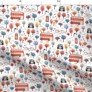 May include: A white background with a repeating pattern of red double-decker buses, bicycles, trees, and telephone boxes. The trees are in various shades of pink, orange, yellow, blue, and green.