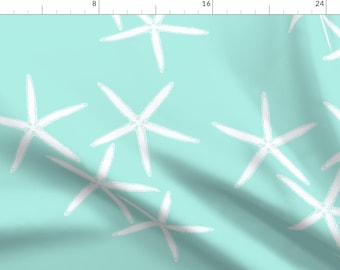 Starfish Fabric - White Starfish On Sea By Honoluludesign -Light Blue Beach Nautical Modern Star Cotton Fabric By The Yard With Spoonflower