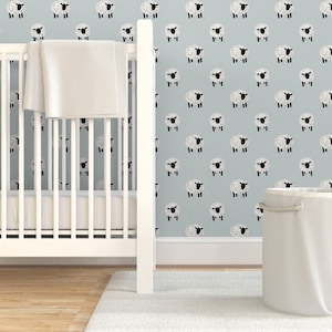Cute Sheep Wallpaper - Sheep On Blue by unasomerville -  Farm Animals Boho Whimsical Lamb Removable Peel and Stick Wallpaper by Spoonflower
