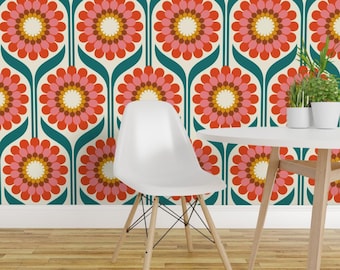 Floral Peel and Stick Wallpaper - Flowers Retro Folk Folk Art Scandinavian  - Removable Wall Decor Art - Zinnia Vibes - Jumbo by katerhees