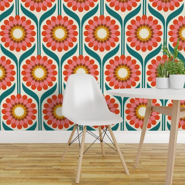 Floral Removable Peel and Stick Wallpaper - Flowers Retro Folk Folk Art Scandi Red - Wall Art Wall Decor - Zinnia Vibes - Jumbo by katerhees