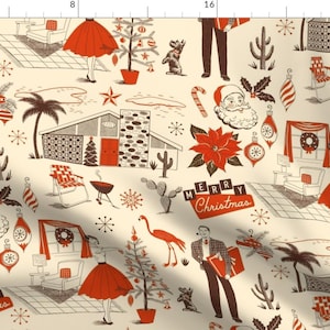 Red Christmas Toile Fabric - Merry Mid-century by ruby_ritz - Vintage Retro Christmas 1950s Christmas Tree Fabric by the Yard by Spoonflower