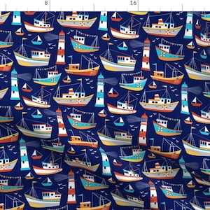 Boat Sailing Blue Nautical Ocean Fabric - Fishing Boats - Dark Blue By Mirabelleprint - Boat Cotton Fabric By The Yard With Spoonflower