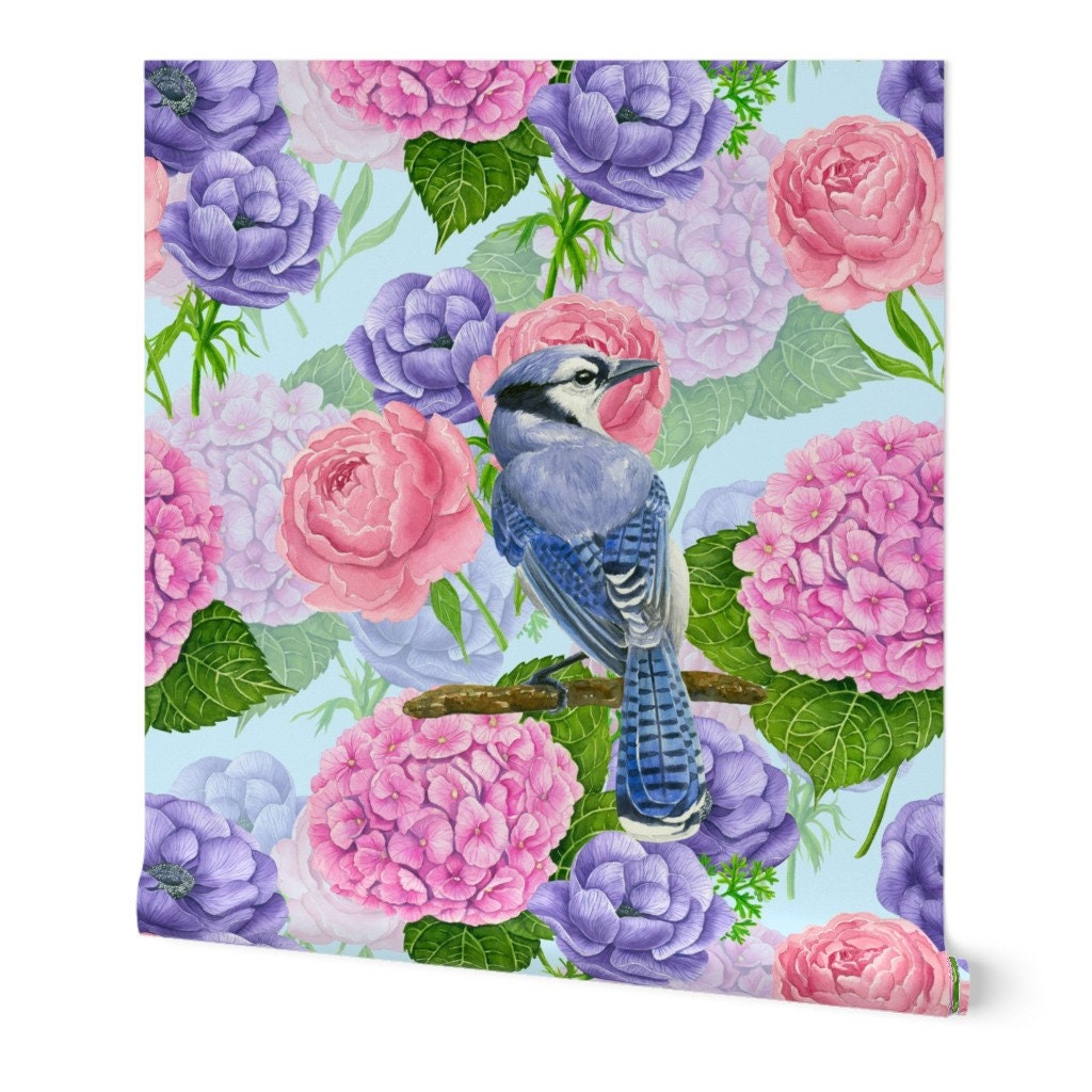 Floral Wallpaper blue Jay and Flowers Watercolor by Katerina - Etsy