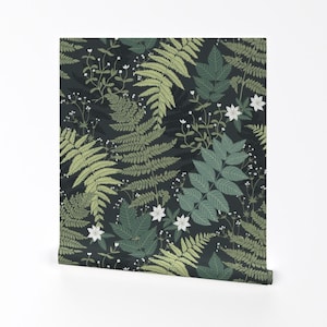 « Papier peint amovible autocollant forêt fougères - botanique fougère des bois - art mural déco murale - feuilles vert foncé » par whimsical_brush