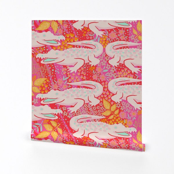Pink Gator Wallpaper - Chomp Chomp Nom Nom by rachelhallquist - Red Floral Whimsical Swamp Removable Peel and Stick Wallpaper by Spoonflower