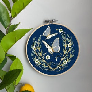 Butterfly Embroidery Template on Cotton - Butterfly Chase By Southwind - Navy Embroidery Pattern for 6" Hoop Custom Printed by Spoonflower