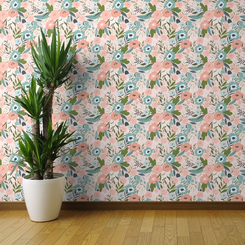 Girl/'s Room Pink Custom Printed Removable Self Adhesive Wallpaper Roll by Spoonflower Floral Wallpaper Spring Flowers By Alenkakarabanova