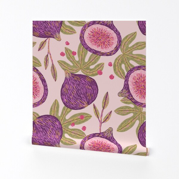 Botanical Figs Wallpaper - Figs Embroidery By Kondratya - Large Scale Purple Figs Removable Self Adhesive Wallpaper Roll by Spoonflower