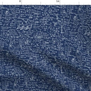 May include: A navy blue fabric with a white pattern of mathematical equations, formulas, and graphs. The pattern is dense and covers the entire fabric.