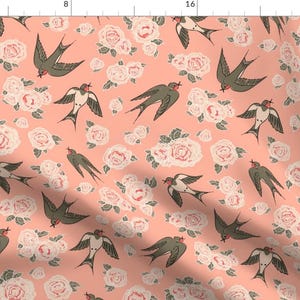 Swallow Fabric - Swallows And Peonies By Tanistaja - Swallow Blush Pink Floral Bird Nursery Decor Cotton Fabric By The Yard With Spoonflower