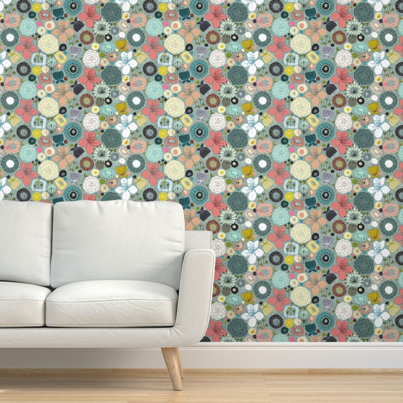 Modern Floral Wallpaper Blooms by Scrummy Floral Flowers | Etsy