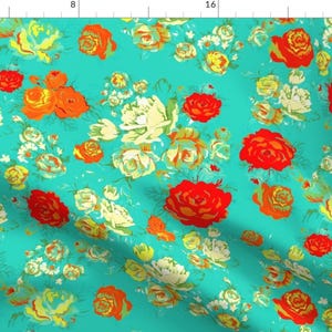 Turquoise Floral Fabric - Yellow And Red Roses On Turquoise By Theartwerks - Turquoise Flower Cotton Fabric By The Yard With Spoonflower