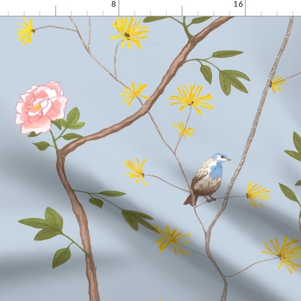 Chinoiserie Fabric - Jenny Peony In Cornflower By Domesticate - Chinoiserie Bird Florals Blue Cotton Fabric By The Yard With Spoonflower