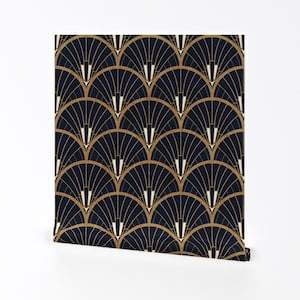 Blue Black Gold Removable Peel and Stick Wallpaper - Geometric Elegant Scales Scallops - Wall Art Wall Decor - 1920's Art Deco by anzela