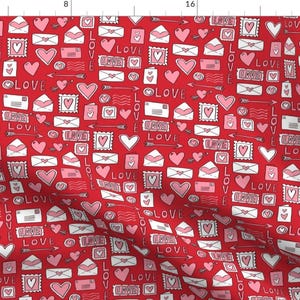 Love Fabric - Love Letters By Andrea Lauren - Valentines Love Notes Fabric Hearts Stamps Day Red Cotton Fabric By The Yard With Spoonflower