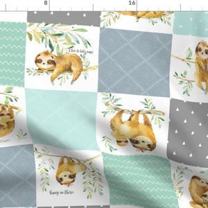 May include: A patchwork fabric design featuring watercolor sloths in various poses, including a sloth hanging upside down, a sloth sleeping, and a sloth holding a baby sloth. The fabric also features various patterns, including a chevron pattern, a diamond pattern, and a polka dot pattern. The fabric is in shades of gray, blue, and green.