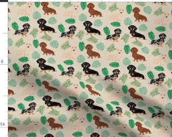 Dachshund Fabric - Dachshund Tropical Monstera Leaves Dog Breed Tan By Petfriendly - Dachshund Cotton Fabric By The Yard With Spoonflower