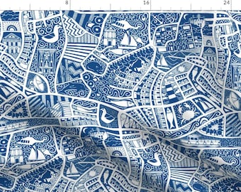 Coastal Fabric - Seaside Living Blue by scrummy - Nautical Map Seaside Sailing Fishing Blue And White Blue Fabric by the Yard by Spoonflower