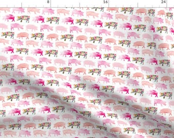 Pig Fabric - Small Floral + Watercolor Pigs By Ivieclothco - Pigs Farmhouse Pink White Rustic Cotton Fabric By The Yard With Spoonflower