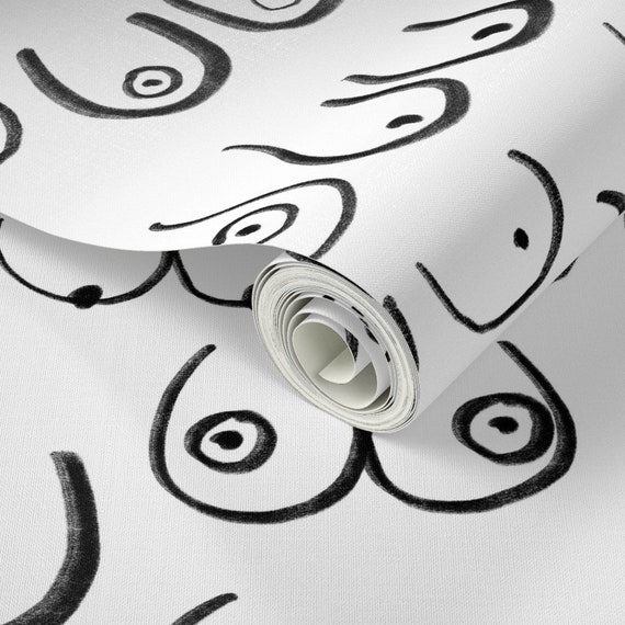 Black and White Wallpaper Boobs by Charlottewinter Feminine Figure Line  Drawing Boob Removable Peel and Stick Wallpaper by Spoonflower 