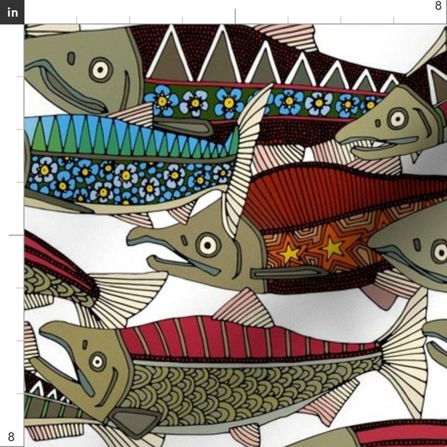 Salmon Fabric Alaskan Salmon White By Scrummy Abstract Etsy