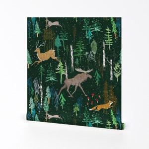 Moose Wallpaper - Animal Forest By Nouveau Bohemian - Moose Woodland Custom Printed Removable Self Adhesive Wallpaper Roll by Spoonflower